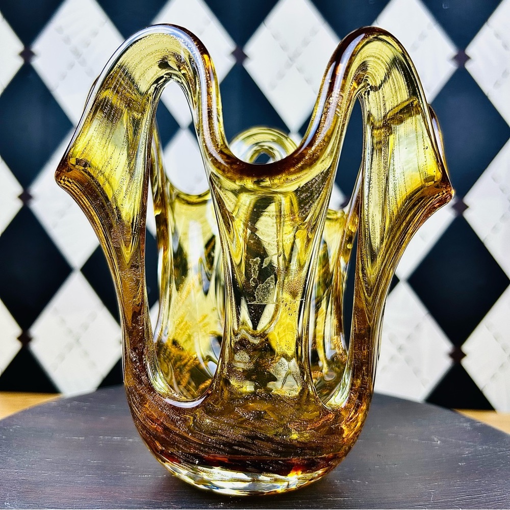 Amber Art Glass Vase Sculptural Freeform Pierced Form Vintage Modern Décor